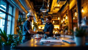 A photograph of a dynamic lighting contractor team in action