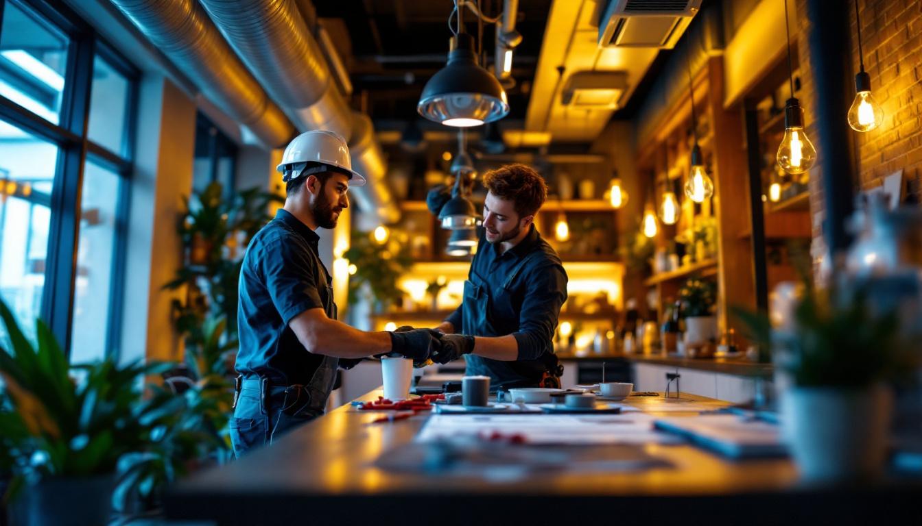 A photograph of a dynamic lighting contractor team in action