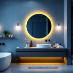A photograph of a stylish and modern bathroom featuring affordable vanity lights that enhance the space