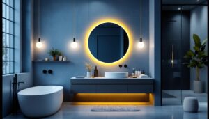 A photograph of a stylish and modern bathroom featuring affordable vanity lights that enhance the space