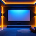A photograph of capture a photograph of a beautifully designed theater room showcasing various lighting elements