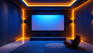 A photograph of capture a photograph of a beautifully designed theater room showcasing various lighting elements