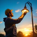 A photograph of a lighting contractor installing or adjusting a vibrant pole light in an outdoor setting