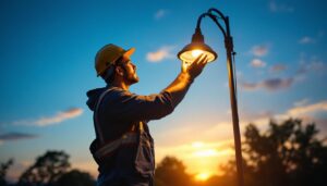 A photograph of a lighting contractor installing or adjusting a vibrant pole light in an outdoor setting