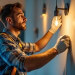 A photograph of a dynamic lighting contractor at work
