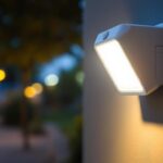 A photograph of a well-lit outdoor scene featuring a mounted led motion sensor security light in action