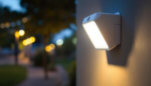 A photograph of a well-lit outdoor scene featuring a mounted led motion sensor security light in action