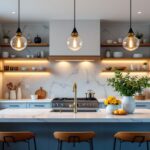 A photograph of a beautifully designed kitchen featuring elegant pendulum lights