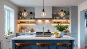 A photograph of a beautifully designed kitchen featuring elegant pendulum lights