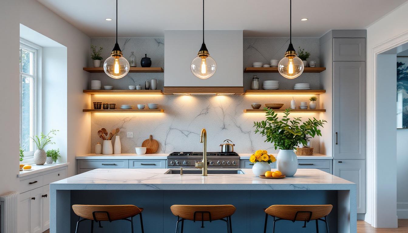 A photograph of a beautifully designed kitchen featuring elegant pendulum lights
