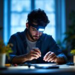 A photograph of a person using a head led light while working on a diy lighting project in a dimly lit space