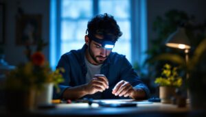 A photograph of a person using a head led light while working on a diy lighting project in a dimly lit space