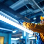A photograph of a lighting contractor efficiently installing or replacing t8 fluorescent tubes in a commercial setting