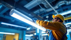 A photograph of a lighting contractor efficiently installing or replacing t8 fluorescent tubes in a commercial setting