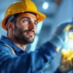 A photograph of a lighting contractor inspecting a fluorescent bulb installation in a well-lit environment