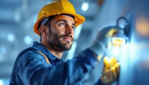 A photograph of a lighting contractor inspecting a fluorescent bulb installation in a well-lit environment