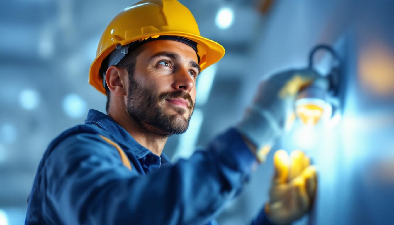 A photograph of a lighting contractor inspecting a fluorescent bulb installation in a well-lit environment