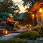 A photograph of a lighting contractor installing energy-efficient outdoor lamps in a beautifully landscaped garden during the golden hour