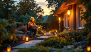 A photograph of a lighting contractor installing energy-efficient outdoor lamps in a beautifully landscaped garden during the golden hour