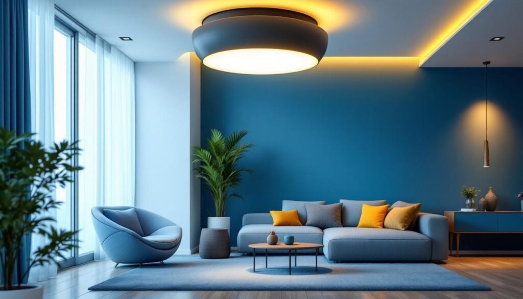 A photograph of a stylish semi-flush ceiling lamp elegantly illuminating a modern living space