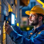 A photograph of a lighting contractor installing automatic flood lights in a residential or commercial setting