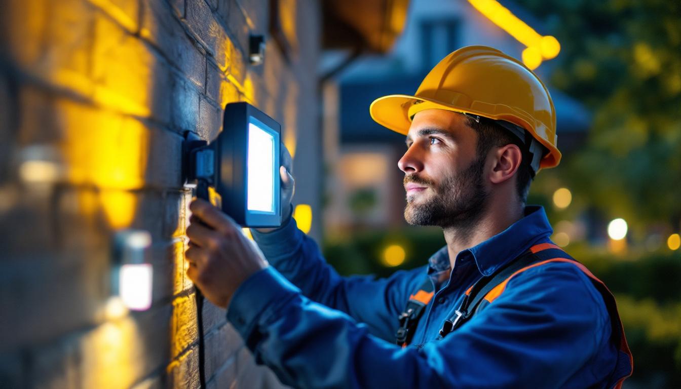 A photograph of a lighting contractor installing automatic flood lights in a residential or commercial setting