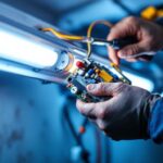 A photograph of a skilled lighting contractor installing an electronic ballast in a fluorescent lamp fixture