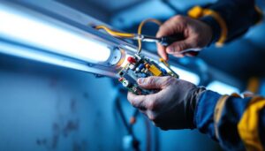 A photograph of a skilled lighting contractor installing an electronic ballast in a fluorescent lamp fixture