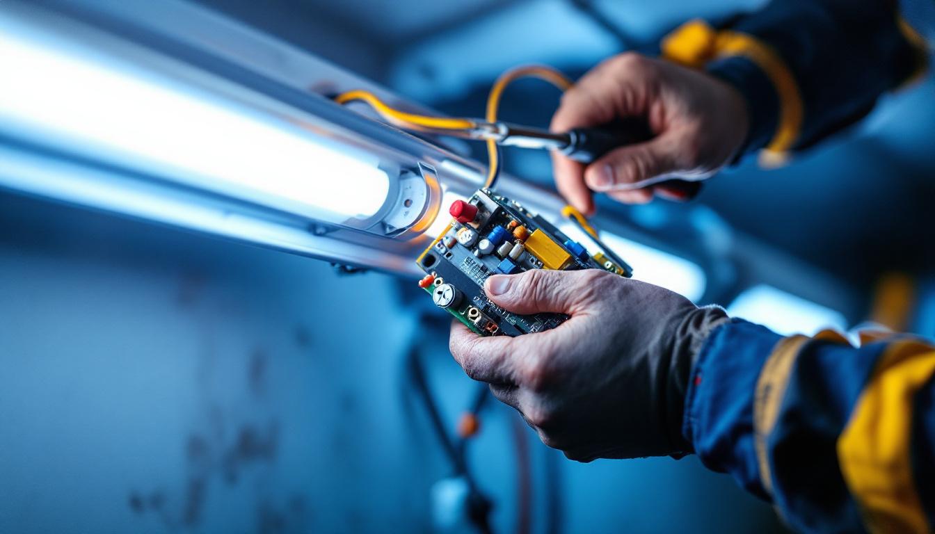 A photograph of a skilled lighting contractor installing an electronic ballast in a fluorescent lamp fixture