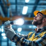 A photograph of a lighting contractor replacing a metal halide bulb with an led light in a commercial setting