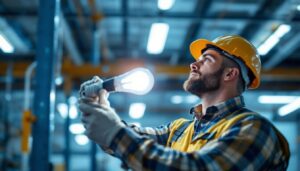 A photograph of a lighting contractor replacing a metal halide bulb with an led light in a commercial setting