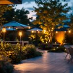 A photograph of a beautifully landscaped outdoor space illuminated by modern solar-powered lights at dusk