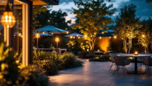 A photograph of a beautifully landscaped outdoor space illuminated by modern solar-powered lights at dusk
