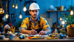 A photograph of a modern lighting contractor working on an installation