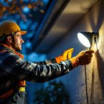 A photograph of a lighting contractor expertly installing flood and spot lights in a residential or commercial setting
