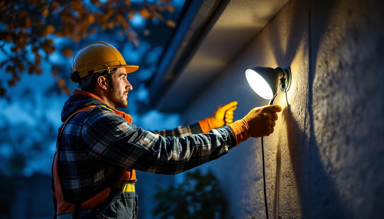 A photograph of a lighting contractor expertly installing flood and spot lights in a residential or commercial setting