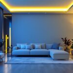 A photograph of a modern smart home interior featuring advanced lighting technology
