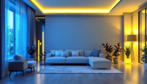 A photograph of a modern smart home interior featuring advanced lighting technology