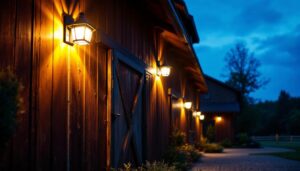 A photograph of a well-lit barn exterior at dusk