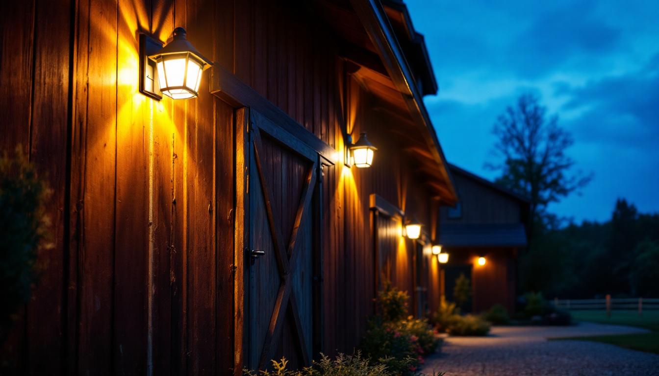 A photograph of a well-lit barn exterior at dusk