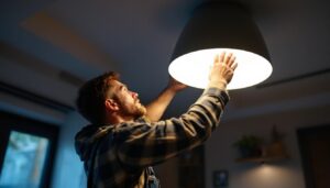 A photograph of a lighting contractor installing a modern ceiling light fixture in a stylish interior space