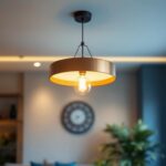 A photograph of a beautifully designed overhead hanging light fixture in a stylish interior setting