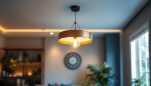 A photograph of a beautifully designed overhead hanging light fixture in a stylish interior setting