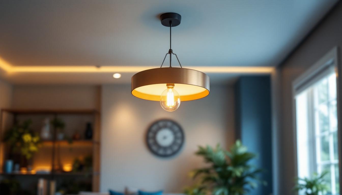 A photograph of a beautifully designed overhead hanging light fixture in a stylish interior setting