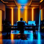 A photograph of a well-designed recording studio illuminated with dynamic lighting
