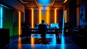 A photograph of a well-designed recording studio illuminated with dynamic lighting