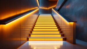 A photograph of a beautifully illuminated staircase featuring stylish led lighting