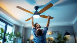 A photograph of a lighting professional installing or adjusting a stylish ceiling fan in a modern