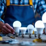 A photograph of a lighting contractor examining various led lamp sizes displayed on a workbench