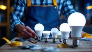 A photograph of a lighting contractor examining various led lamp sizes displayed on a workbench